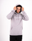 Southerly Script Hoody in Heather Gray, studio view with hood up