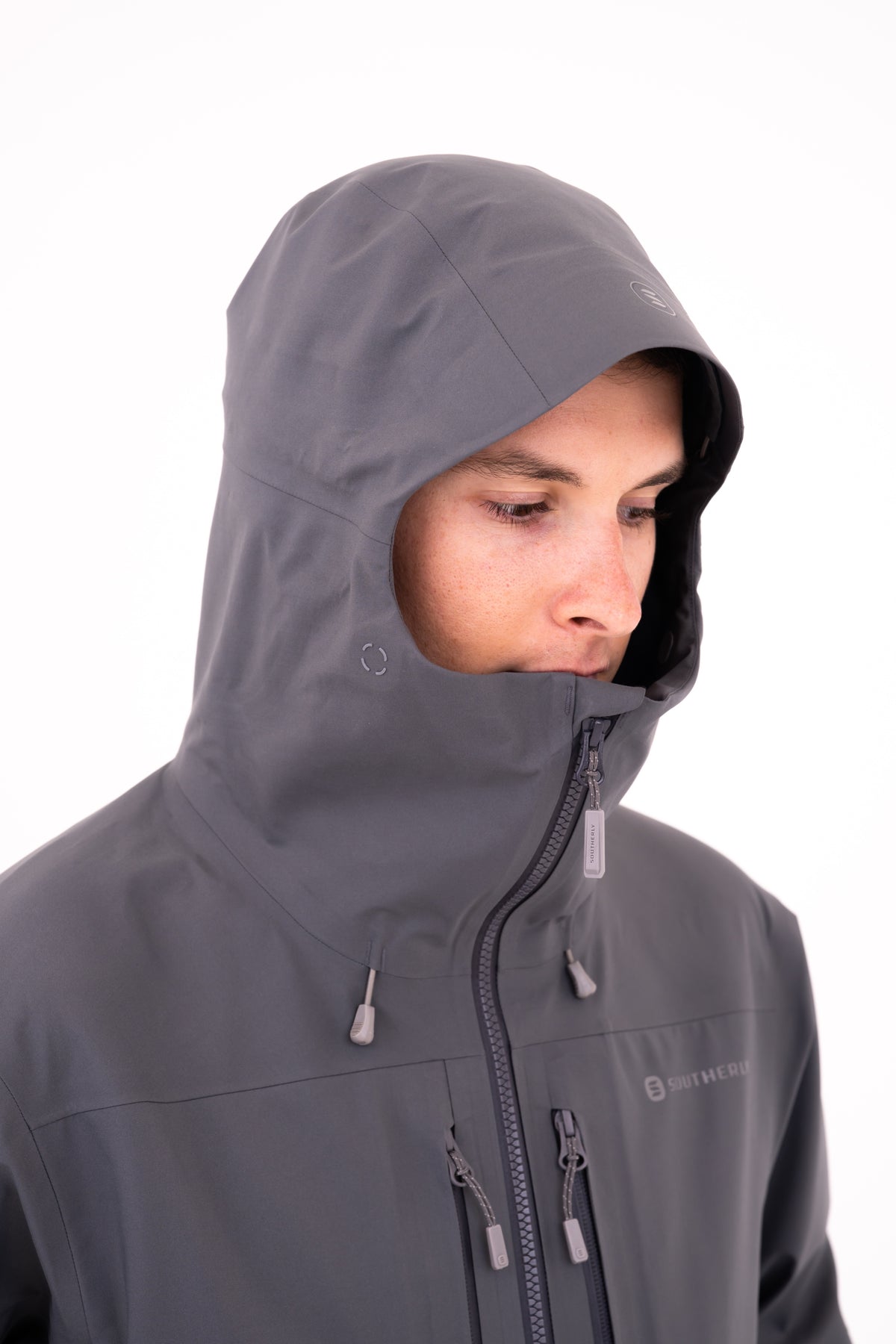 Men's HD Coastal Fishing Jacket in Tempest — studio hood and high-collar detail