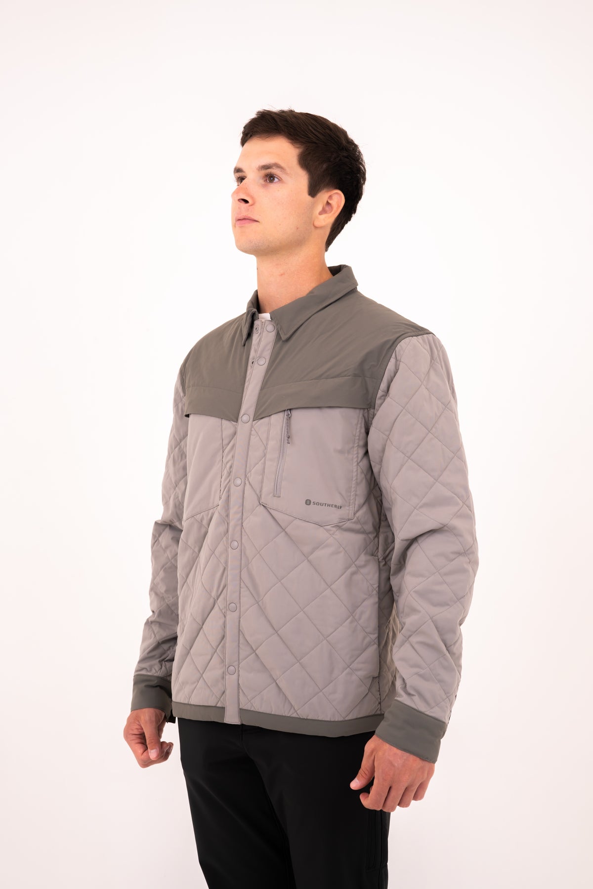 Men's Jetty Insulated Shirt in Stainless, three-quarter studio view on model