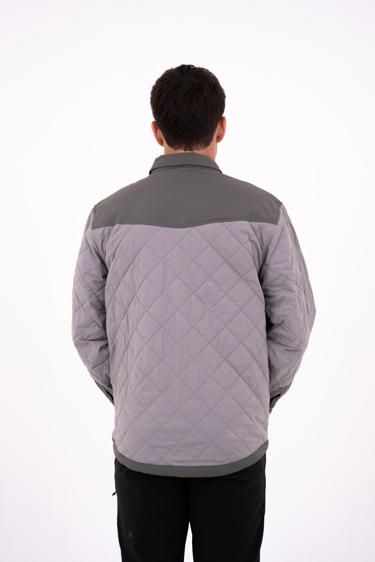 Men's Jetty Insulated Shirt in Stainless, back studio view showing quilted construction