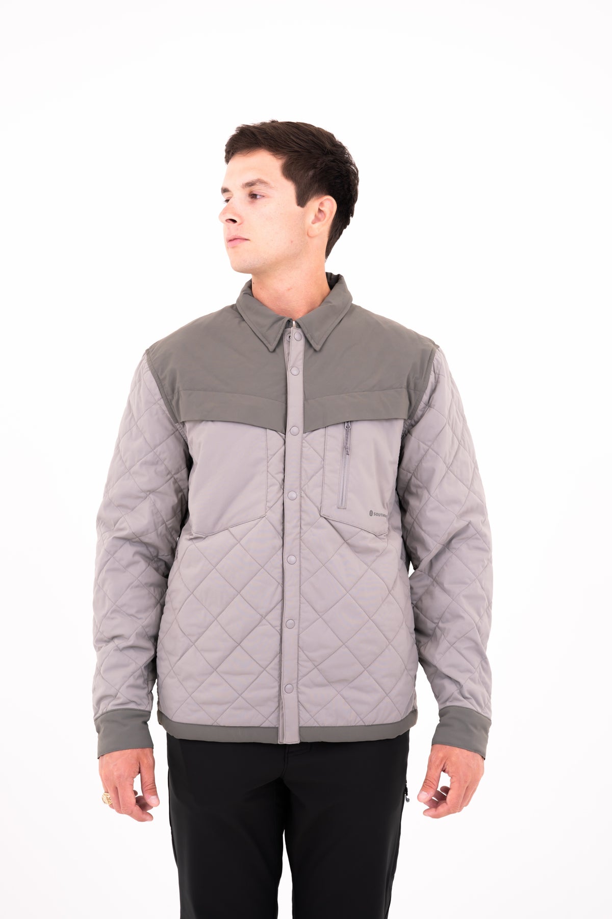 Men's Jetty Insulated Shirt in Stainless, front studio view on model