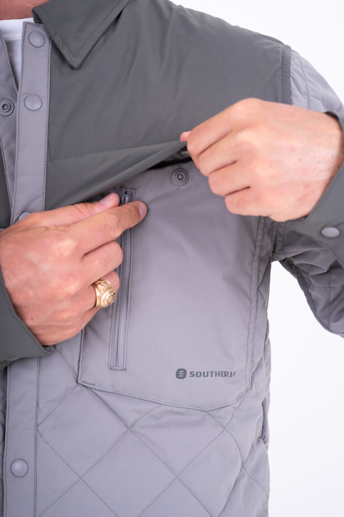 Men's Jetty Insulated Shirt in Stainless, chest pocket and snap detail