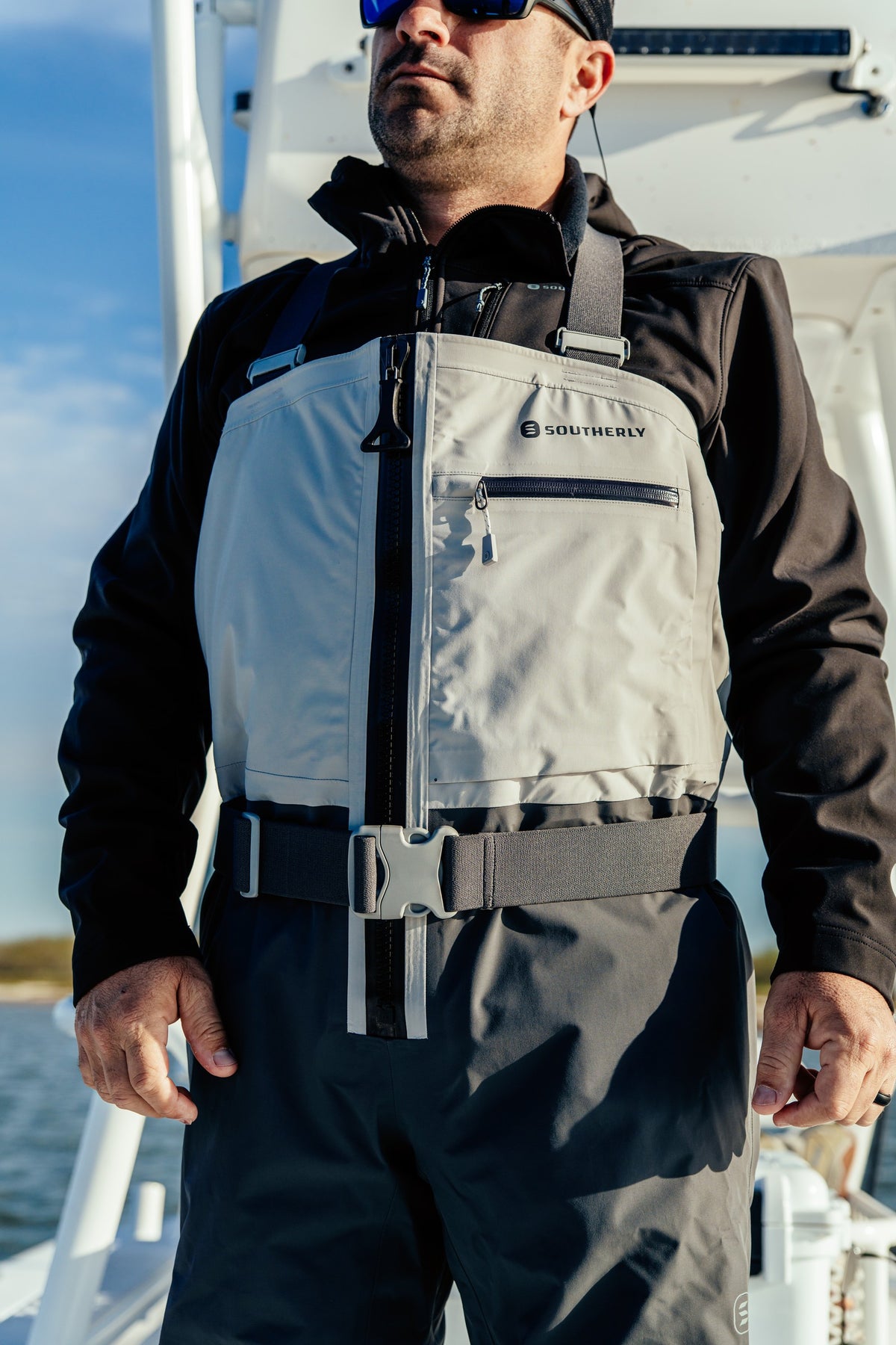 Breakwater Wader — chest, front zipper and wading belt detail