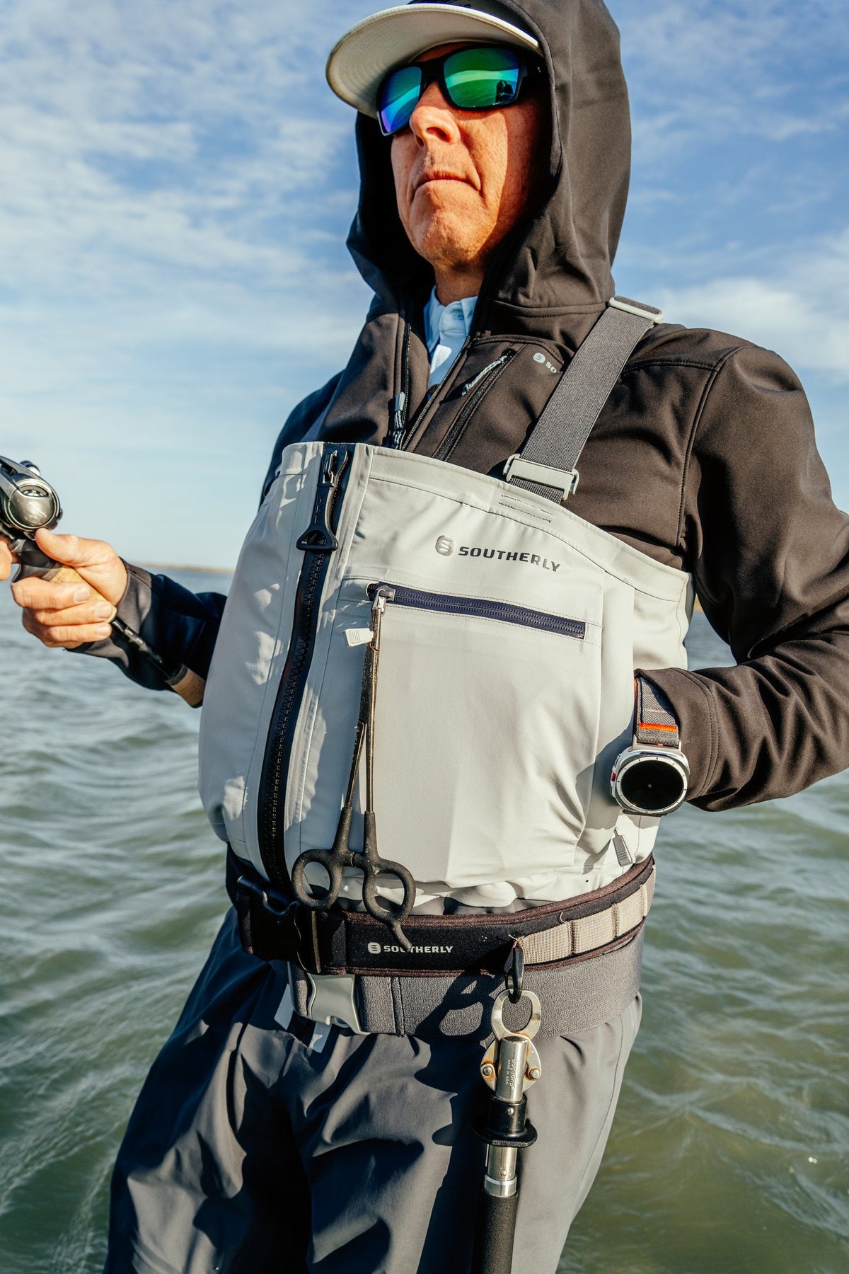 Breakwater Wader in Tempest with the Windward Thermal Hoody, wading the flats