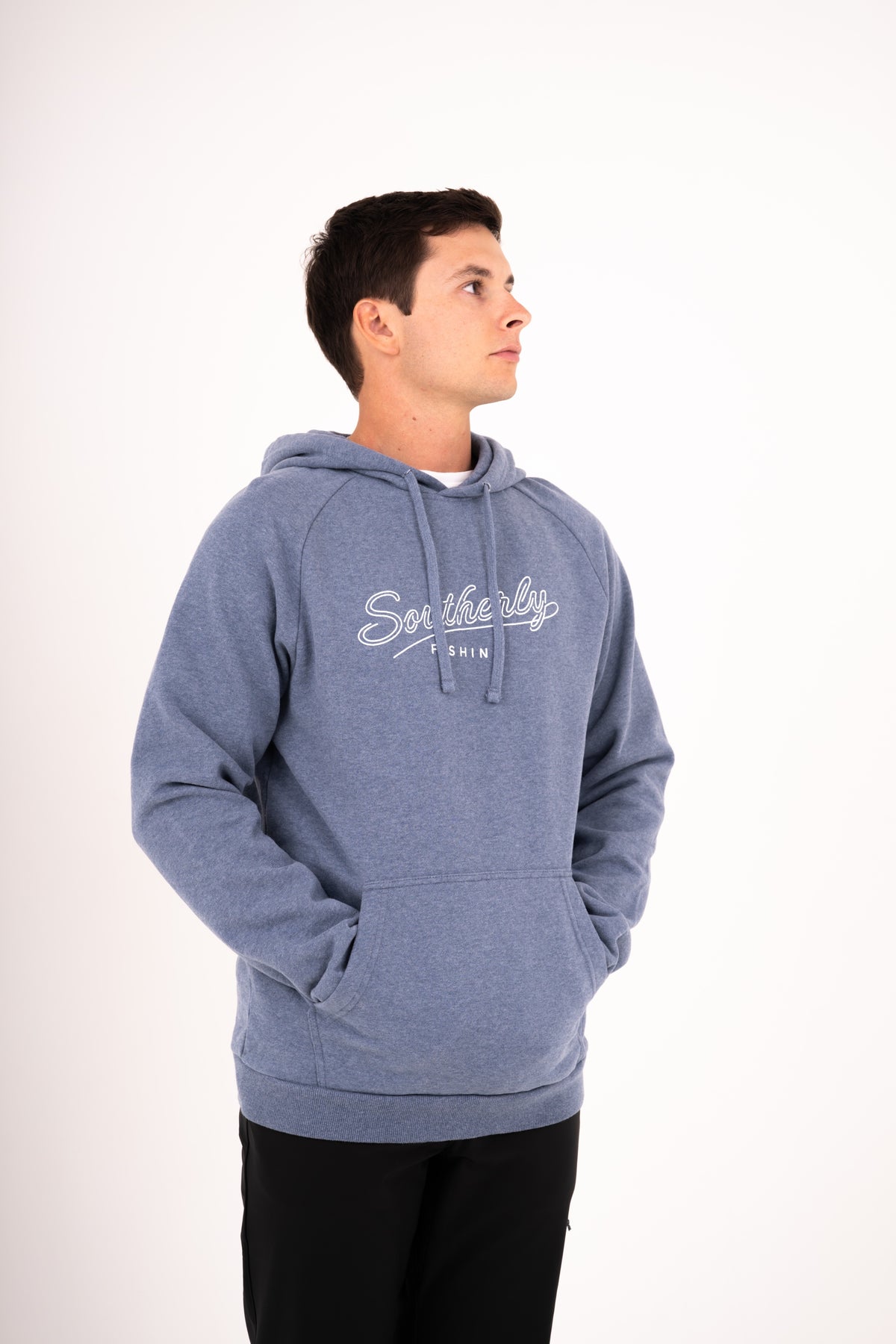 Southerly Script Hoody in Flint Blue, three-quarter studio view with kangaroo pocket