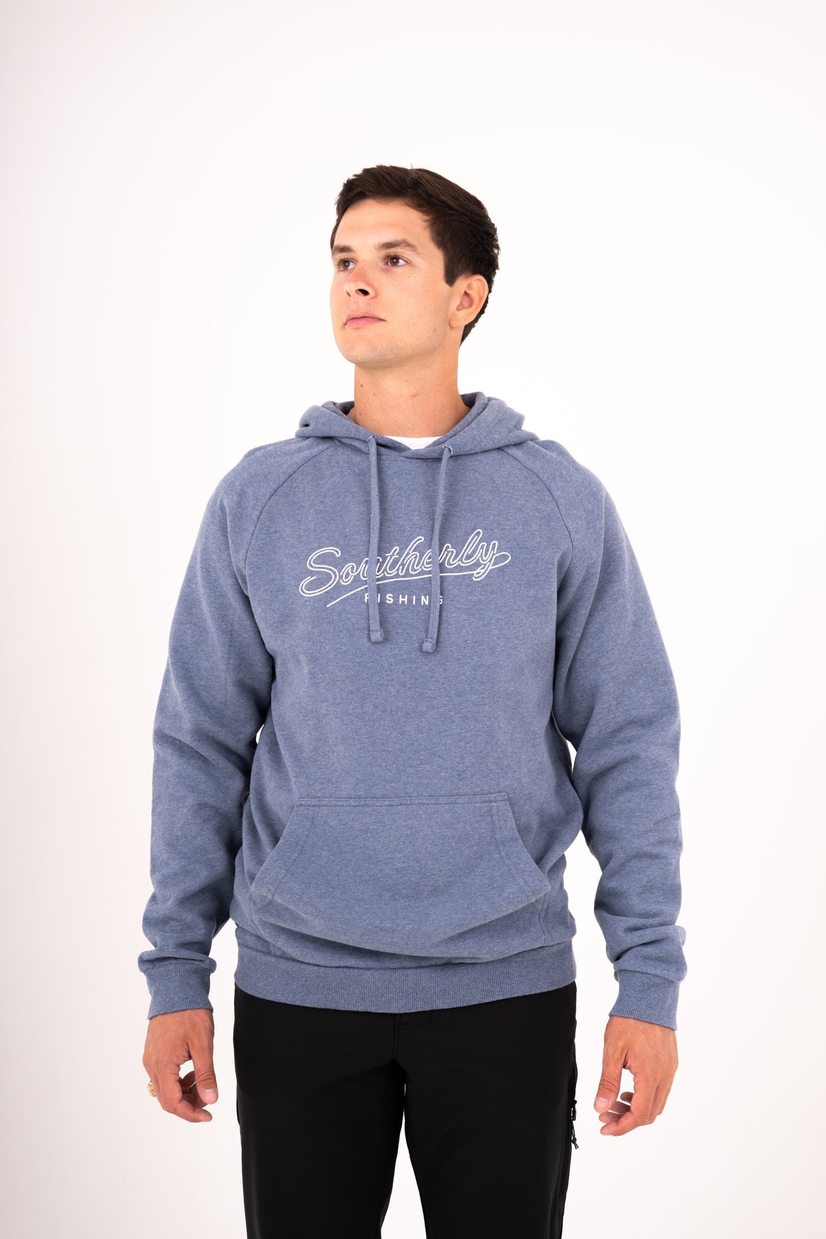 Southerly Script Hoody in Flint Blue, front studio view on model