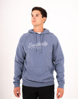 Southerly Script Hoody in Flint Blue, front studio view on model