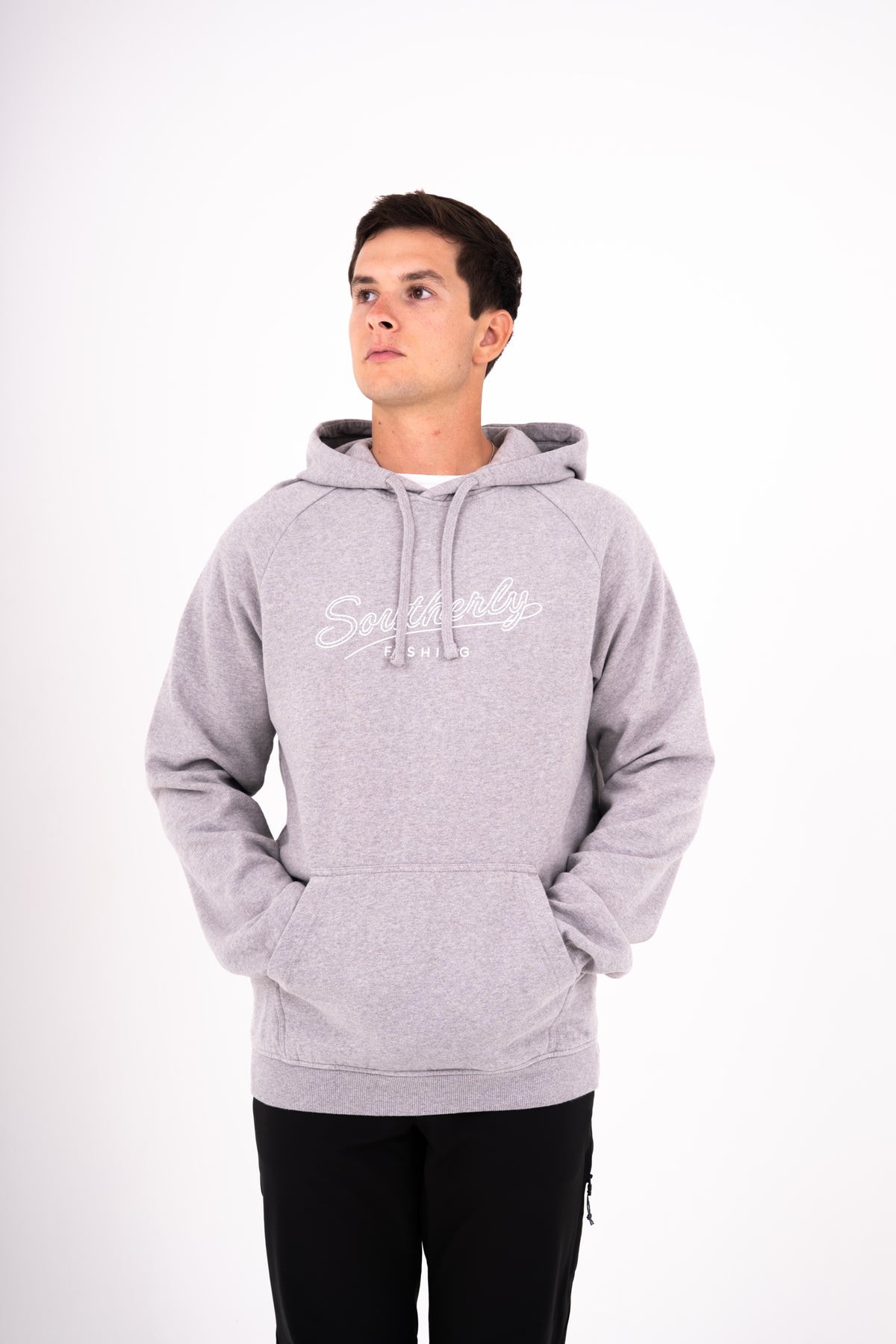 Southerly Script Hoody in Heather Gray, three-quarter studio view with kangaroo pocket