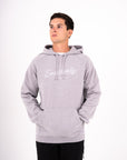 Southerly Script Hoody in Heather Gray, three-quarter studio view with kangaroo pocket