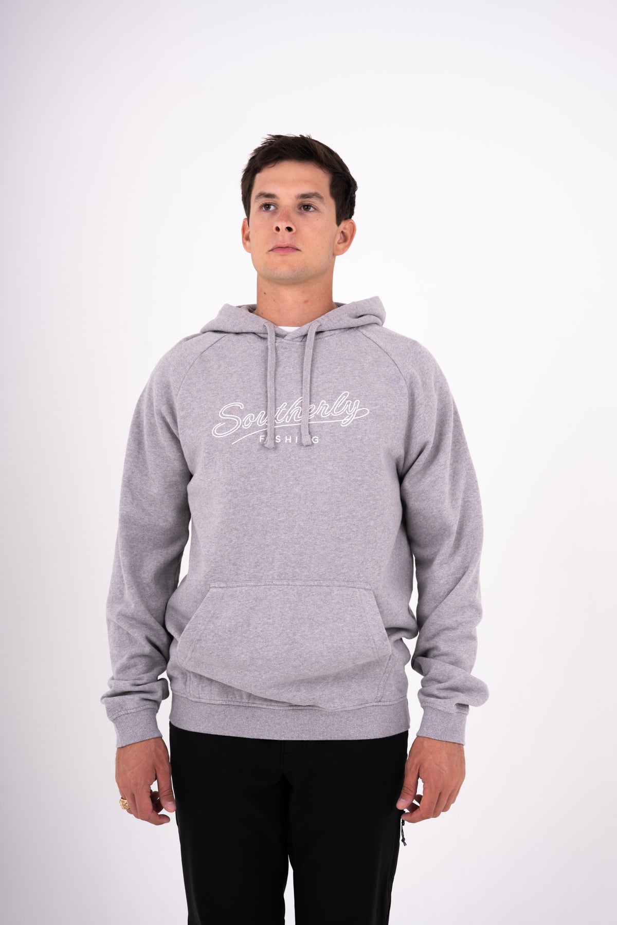 Southerly Script Hoody in Heather Gray, front studio view on model