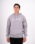 Southerly Script Hoody in Heather Gray, front studio view on model