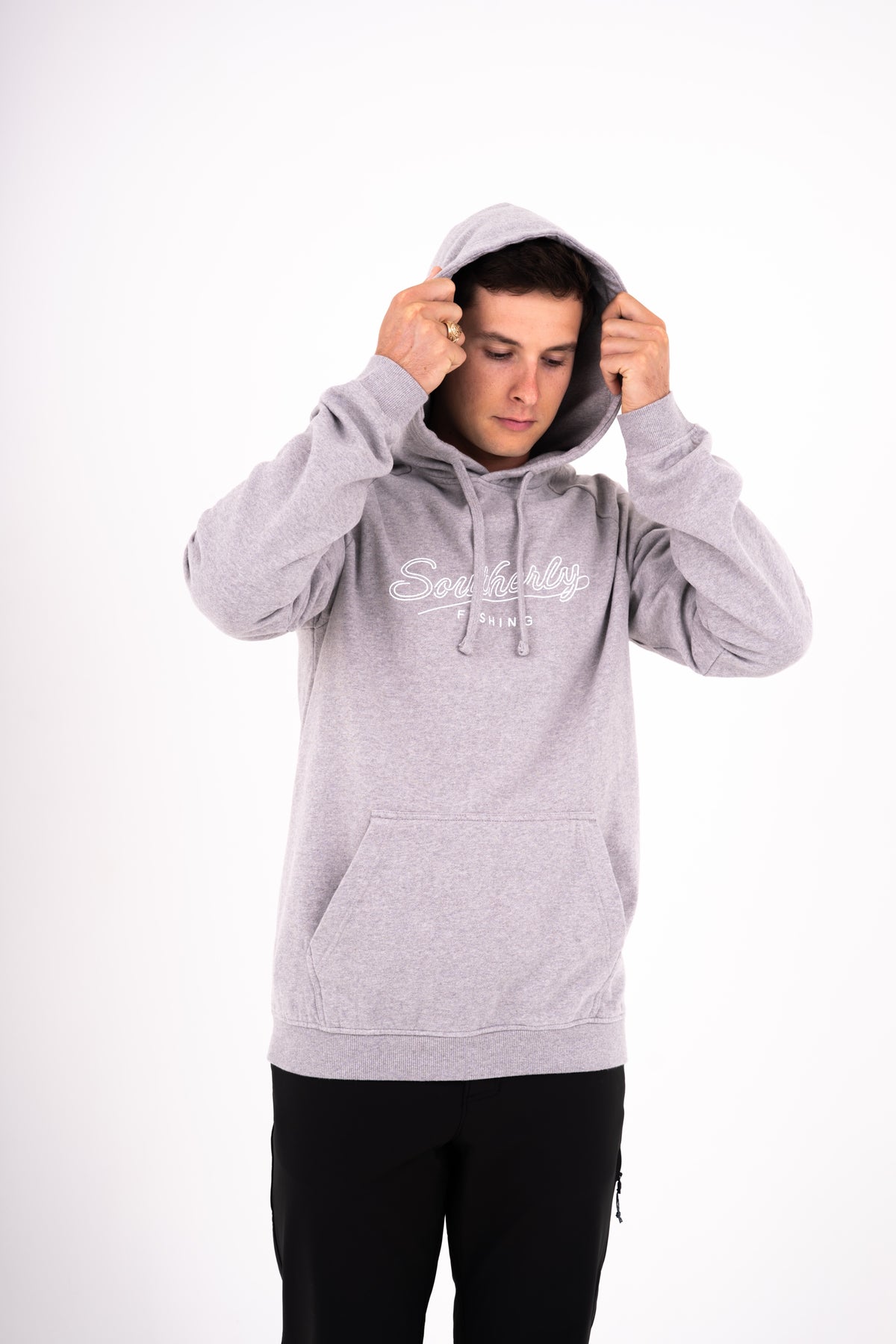 Southerly Script Hoody in Heather Gray, studio view with hood up