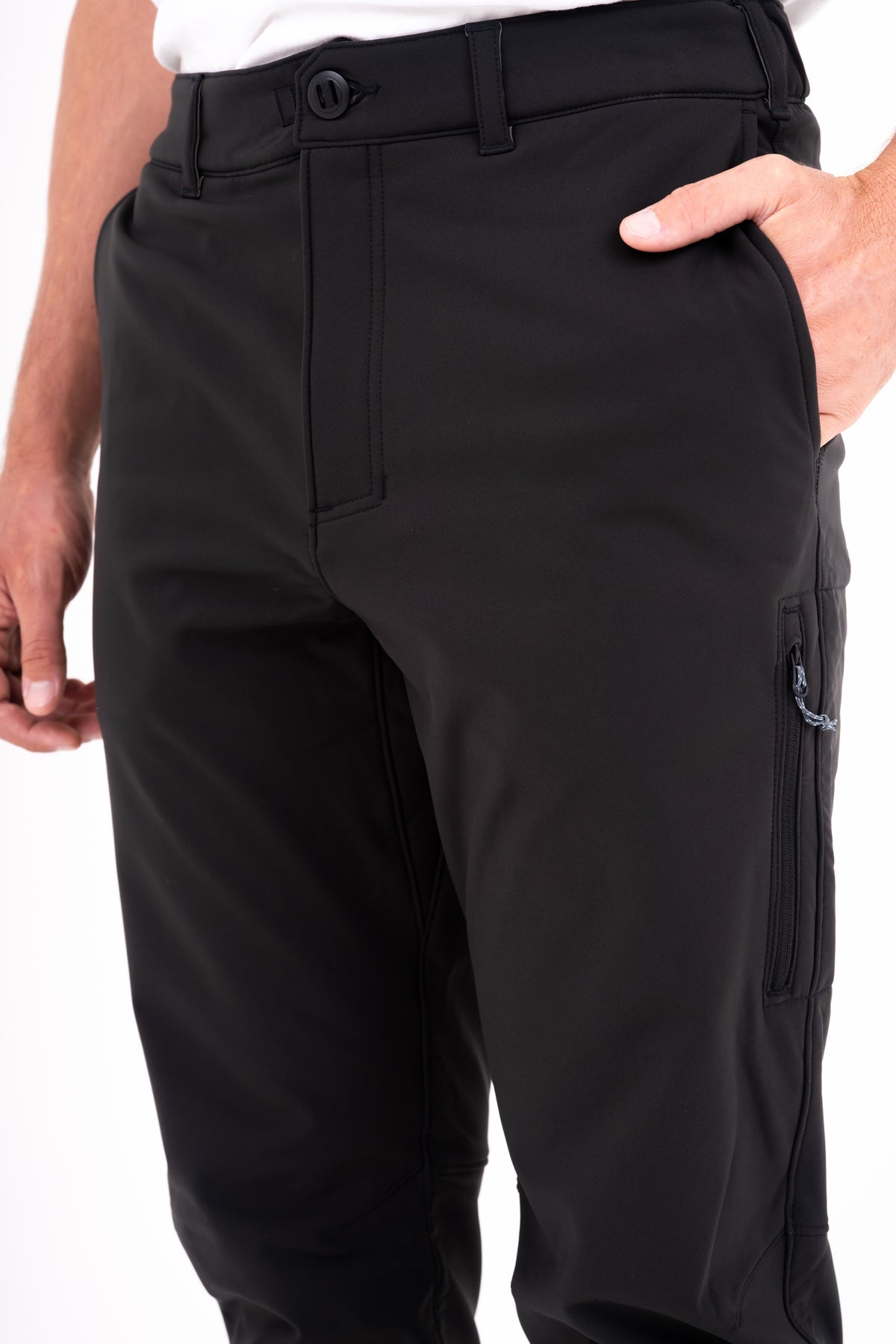 Windward Thermal Pant in Black — waistband and front pocket detail